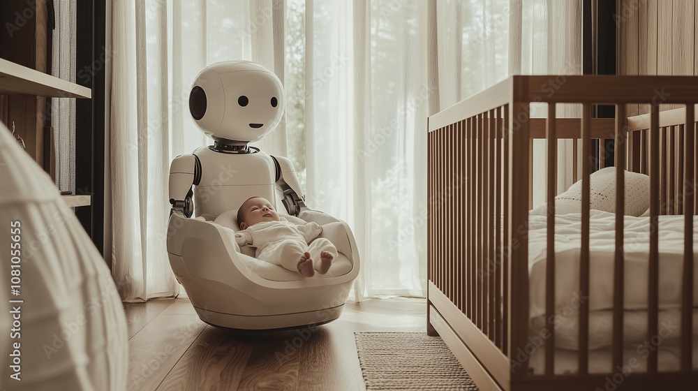 A Gentle Robot Caregiver Rocks a Baby in a Serene Nursery While a Parent Observes Lovingly