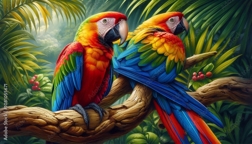 Obraz premium Colorful parrot sitting on a branch of a tropical tree, realistic painting style
