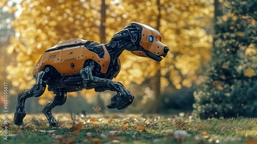 A Futuristic Robot Takes a Cheerful Robotic Dog for a Stroll Through a Vibrant Autumn Park Filled With Colorful Foliage