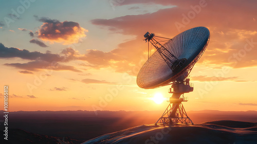 Sunset over a landscape with a giant satellite dish, symbolizing the future of communication technology and connectivity, advanced communication, telecom infrastructure