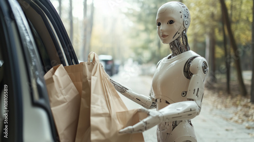 Obraz na płótnie A Human-Like Robot Assists Individuals in Bringing Shopping Bags From Their Car on a Sunny Day in a Serene Outdoor Setting w salonie