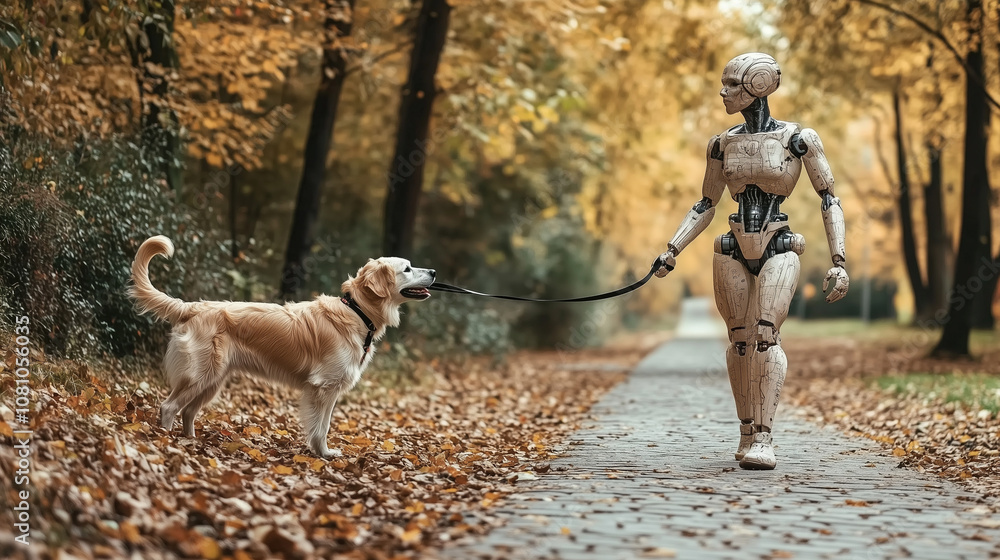 A Humanoid Robot Strolls Through a Picturesque Autumn Park, Walking a Joyful Golden Retriever Amidst Falling Leaves