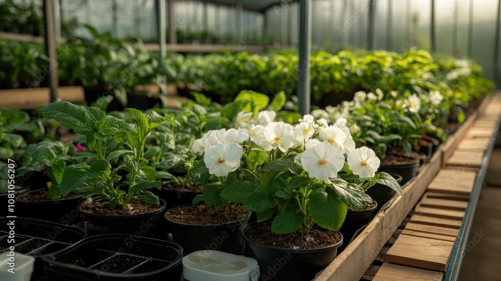 Several rows of white and green flowering plants thriving in a greenhouse setting, highlighting the colors and healthy growth within a nurturing environment. Several rows of white and green flowering plants thriving in a greenhouse setting, highlighting the colors and healthy growth within a nurturing environment.