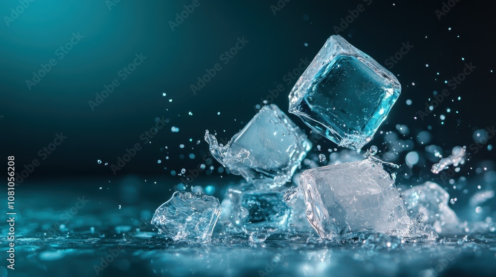 Melting ice cubes are caught mid-splash on a glossy surface, illustrating the energetic transition from solid to liquid with vibrant detail and movement. Melting ice cubes are caught mid-splash on a glossy surface, illustrating the energetic transition from solid to liquid with vibrant detail and movement.