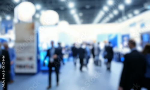 Blurred convention hall with people walking, suitable for event promotions, business presentations, and corporate conference advertisements.