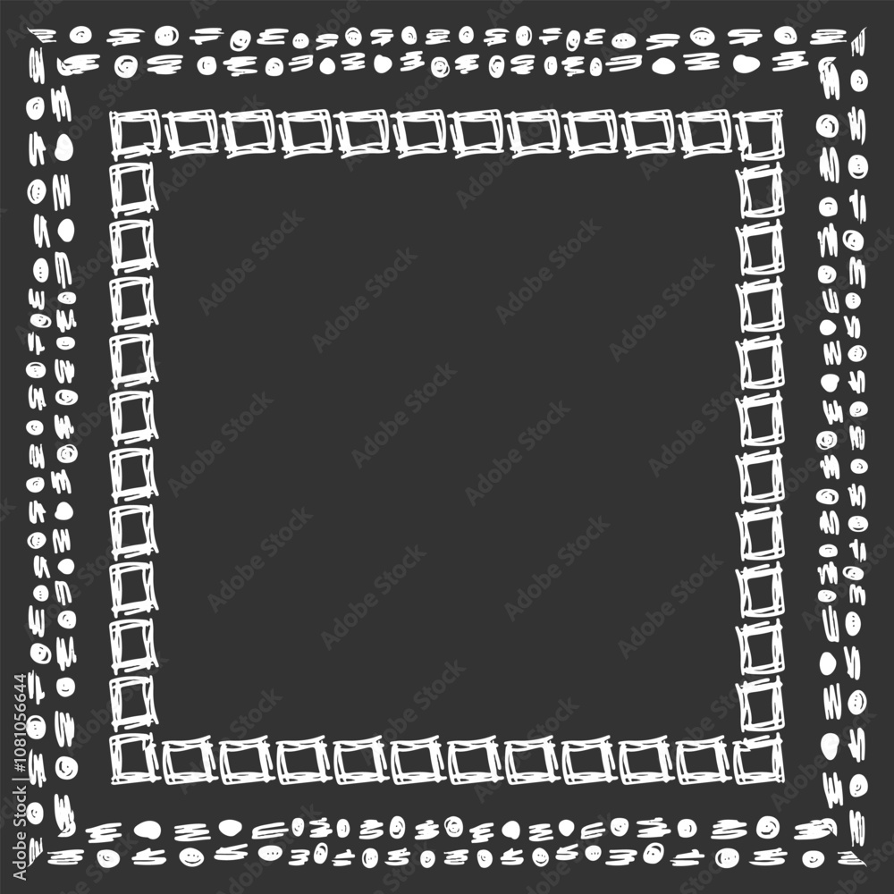 Square frame made of different sized handwritten dashes, dots and squares. White on black. Vector illustration Square frame made of different sized handwritten dashes, dots and squares. White on black. Vector illustration