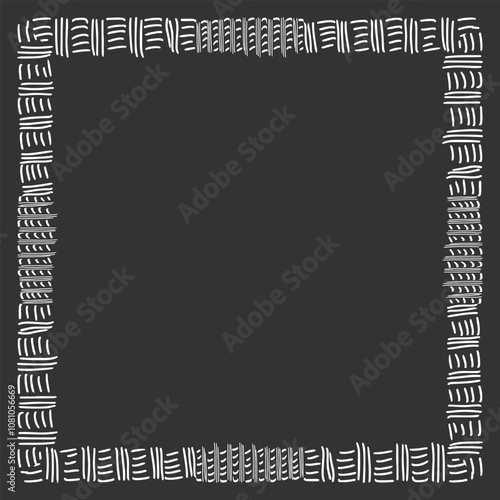 Square frame of different sized handwritten lines imitating wickerwork. White on black. Vector illustration