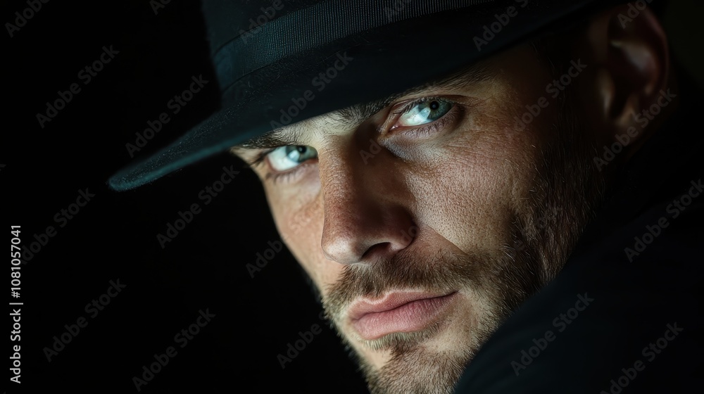 A striking close-up image showcasing a man with sharp, piercing eyes beneath a shadowed dark hat, highlighting his intense gaze and thoughtful presence. A striking close-up image showcasing a man with sharp, piercing eyes beneath a shadowed dark hat, highlighting his intense gaze and thoughtful presence.