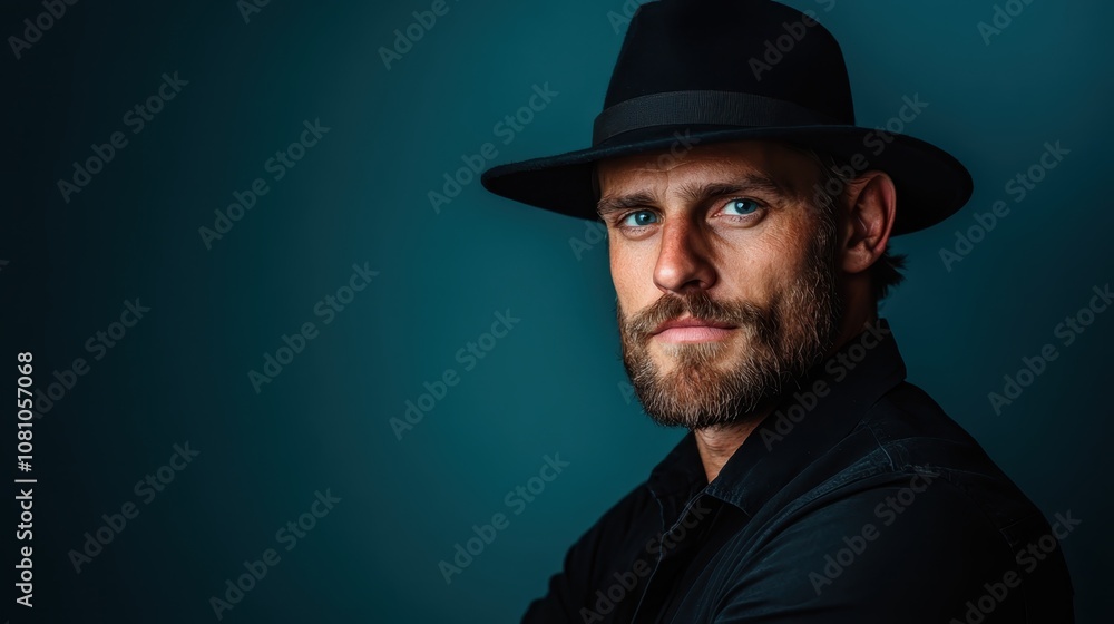 A portrait of a man wearing a dark hat, gazing intensely with a serious expression. The backdrop is simple, enhancing the focus on his thoughtful demeanor. A portrait of a man wearing a dark hat, gazing intensely with a serious expression. The backdrop is simple, enhancing the focus on his thoughtful demeanor.