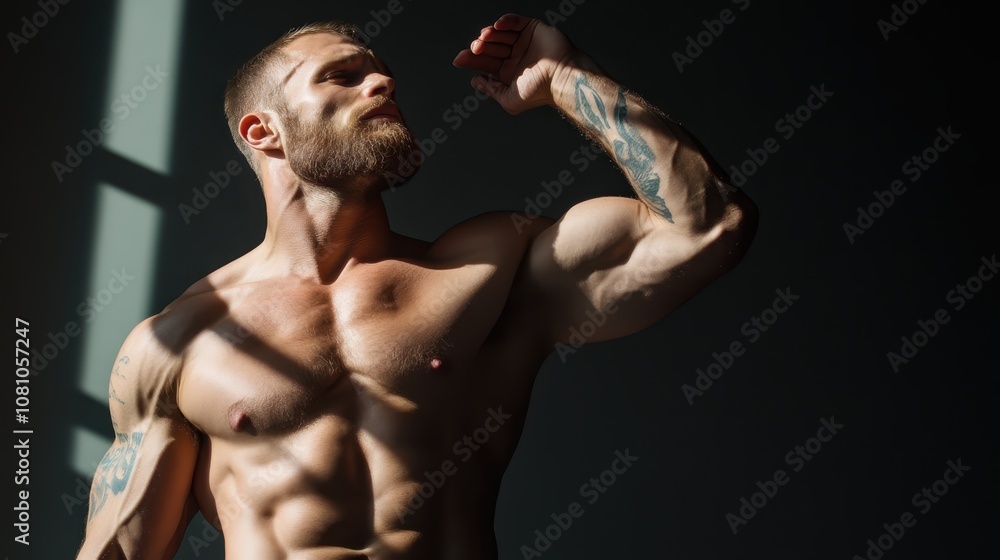 Obraz premium A tattooed man with a strong and muscular physique is flexing his bicep in a sunlit room, emphasizing his fitness level and the art of body modification.