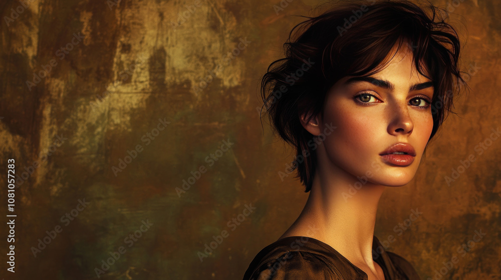 A picture of a gorgeous woman with brown, short hair, set against a brown backdrop. A picture of a gorgeous woman with brown, short hair, set against a brown backdrop.