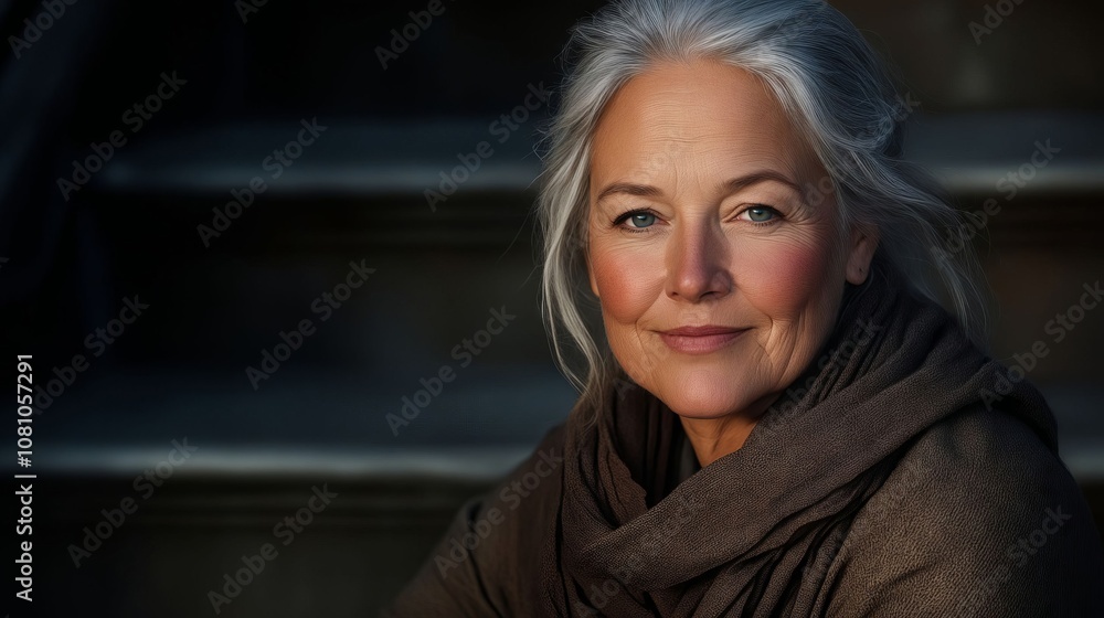 A woman with grey hair and a brown scarf A woman with grey hair and a brown scarf