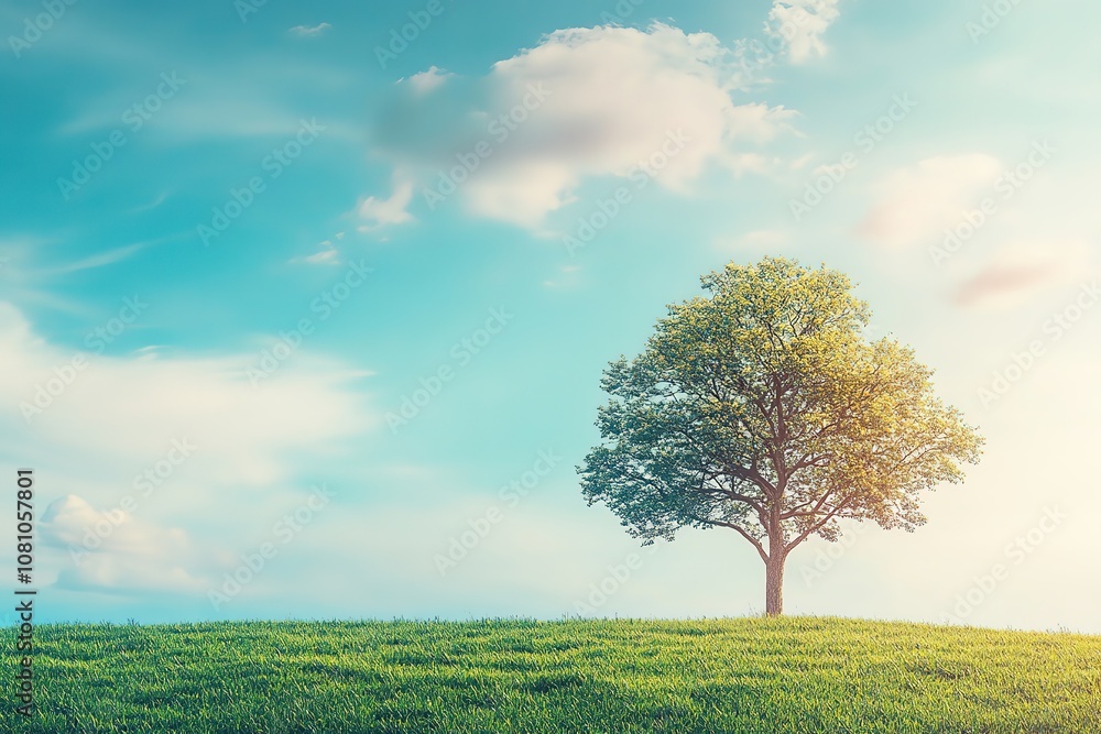 A solitary tree stands on a grassy hill under a bright sky. A solitary tree stands on a grassy hill under a bright sky.