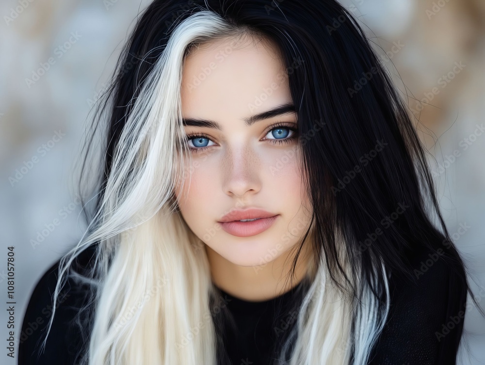 Naklejka premium A woman with long black and white hair and blue eyes