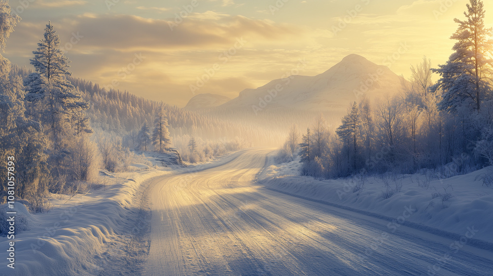 A Serene Winter Road Through a Frost-Kissed Nordic Landscape A Serene Winter Road Through a Frost-Kissed Nordic Landscape