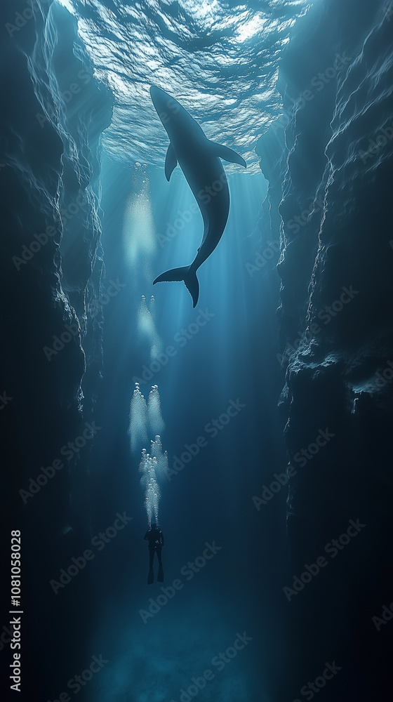 Beneath Ocean Waves, a Diver Encounters a Majestic Shark Beneath Ocean Waves, a Diver Encounters a Majestic Shark