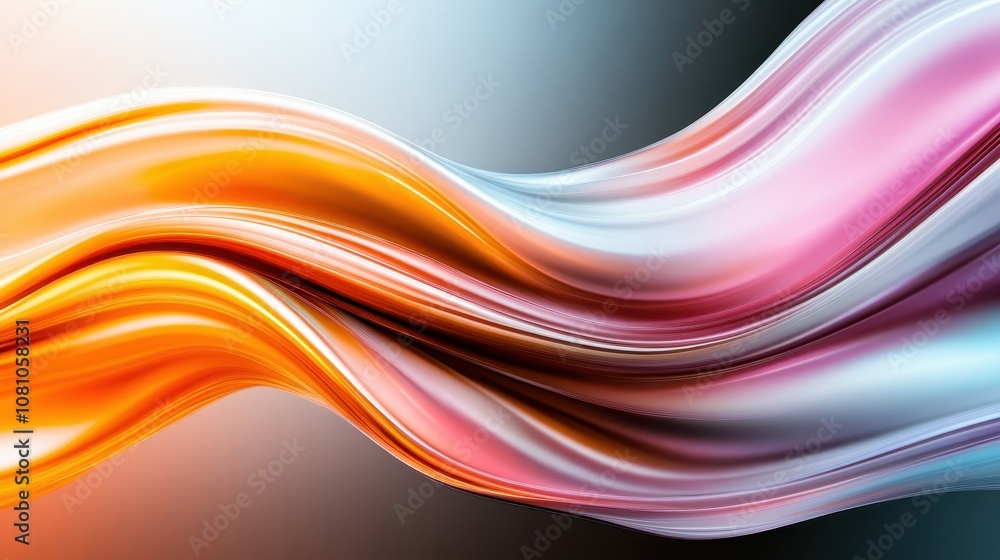 Obraz premium This image features a dynamic wave of vibrant orange and pink colors, creating an abstract visualization of movement and fluidity against a neutral background tone.