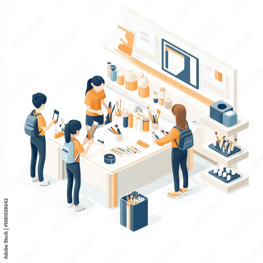 Obraz premium Art Supplies Shop, Isometric Shopping Scene.