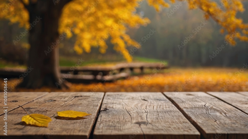 Beautiful colorful natural autumn background for presentation. Fallen dry orange leaves on wooden boards against the backdrop of a blurry autumn park.