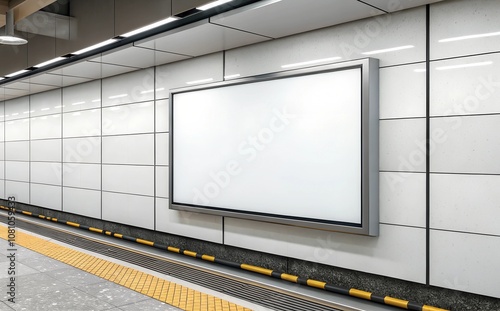 Blank billboard on a subway platform wall, surrounded by modern tiles and a clean environment. Ideal for showcasing mockup designs, advertisements, or branding concepts in public spaces. photo