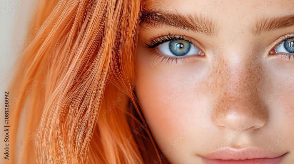 A close up of a woman with red hair and blue eyes A close up of a woman with red hair and blue eyes