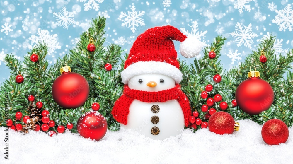 Snowman adorned with a red hat and scarf, surrounded by festive Christmas decorations. Snowman adorned with a red hat and scarf, surrounded by festive Christmas decorations.