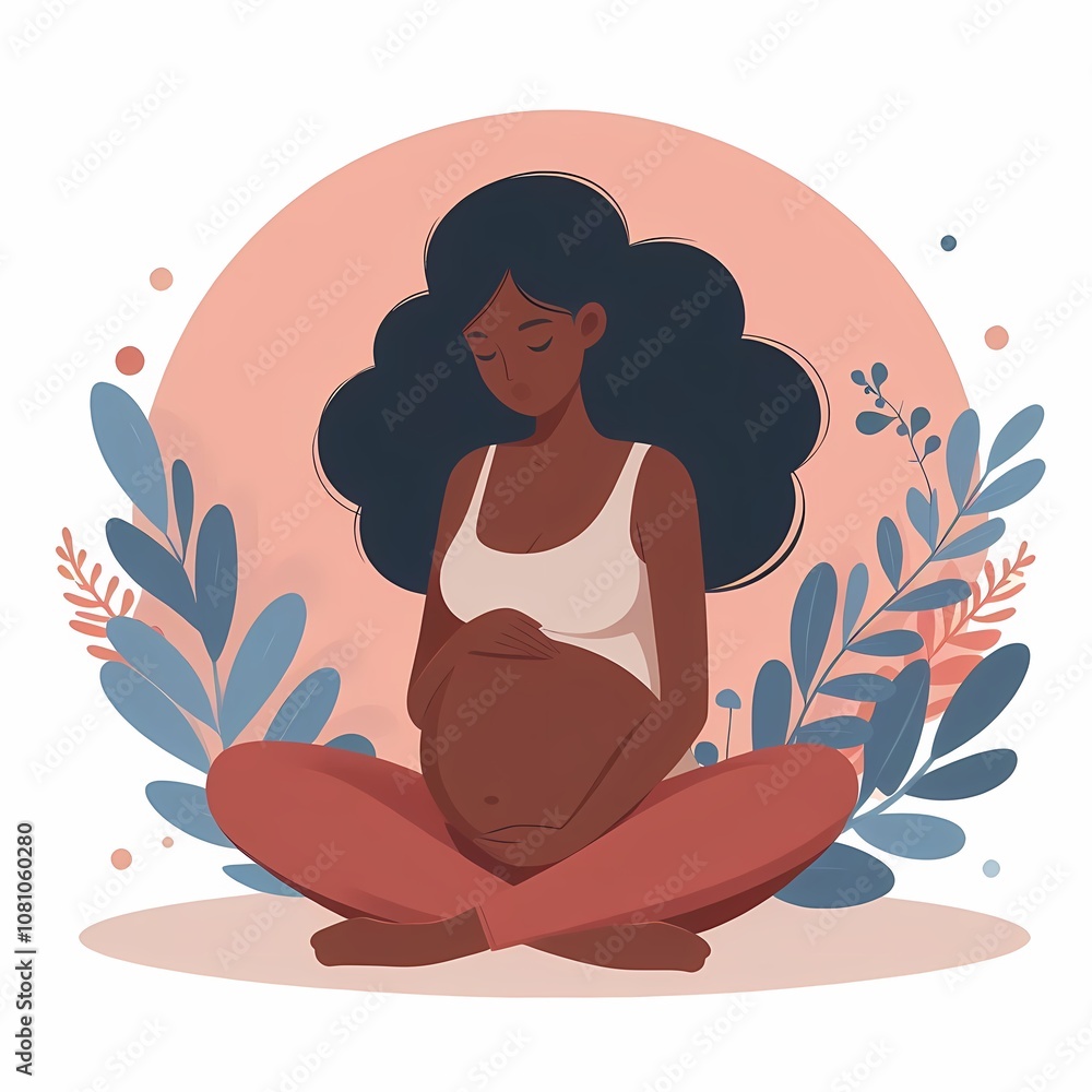 Pregnant black woman sitting, flat style illustration Pregnant black woman sitting, flat style illustration