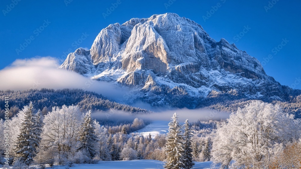 Winter's Golden Glow: Majestic Snowy Mountain Peak Winter's Golden Glow: Majestic Snowy Mountain Peak