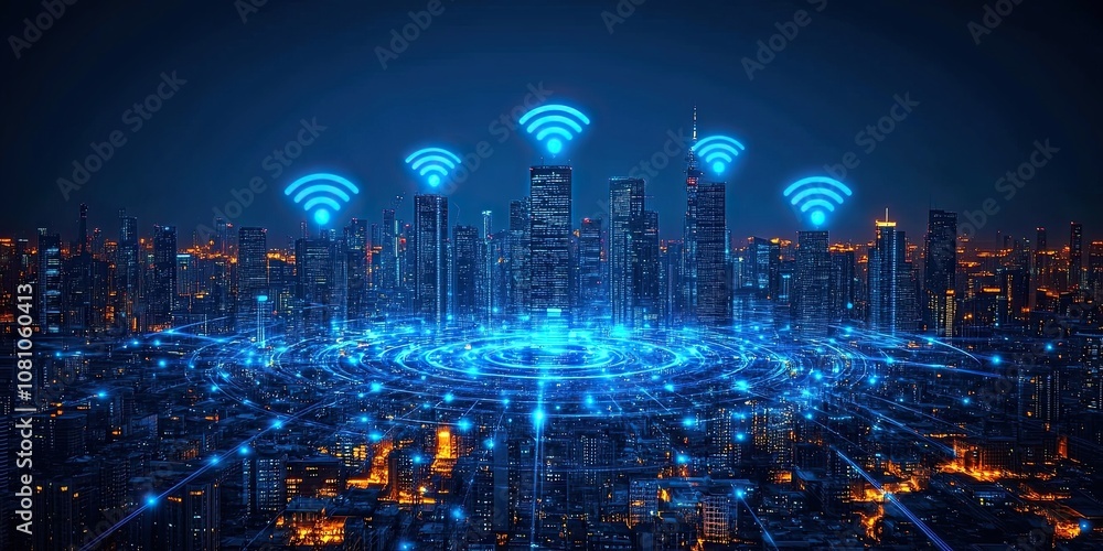 buildings with wifi antennas connected. the buildings are also connected with fiber optics in a circular fashion all around. details in blue color. buildings with wifi antennas connected. the buildings are also connected with fiber optics in a circular fashion all around. details in blue color.
