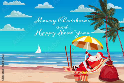 Santa Claus on the resort tropical, resting in deck chair with cocktail