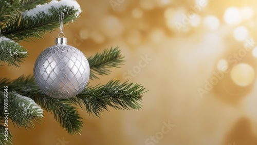 Christmas background. Silver New Year's ball on a Christmas tree branch against a background of golden bokeh