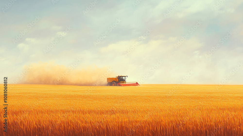 Harvesting Golden Wheat in a Vast Field Under a Cloudy Sky Harvesting Golden Wheat in a Vast Field Under a Cloudy Sky