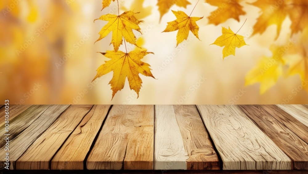 Beautiful colorful natural autumn background for presentation. Fallen dry orange leaves on wooden boards against the backdrop of a blurry autumn park.