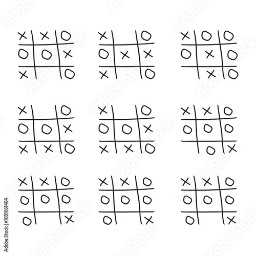 Hand drawn tic tac toe game. X-O children game. Play a tictactoe draw. Noughts and win. Vector illustration in doodle style on white background.