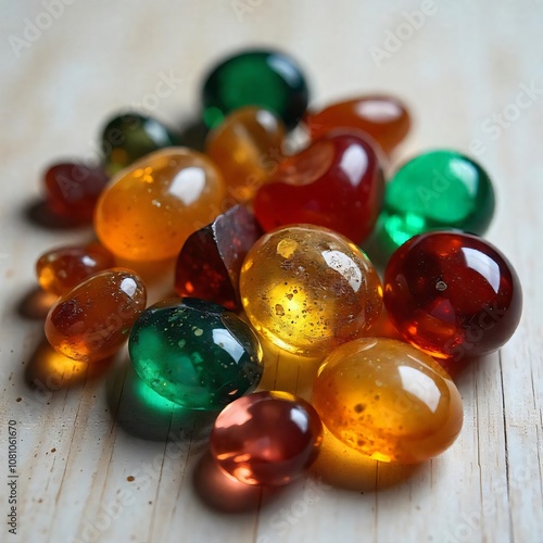 a group of marbles with the reflection of them on a surface.