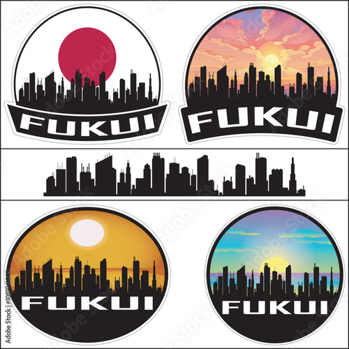 FUKui Japan Flag Skyline Cityscape Silhouette Travel Souvenir Sticker Isolated Vector photo