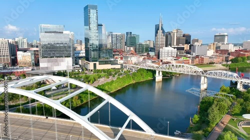 Aerial Fly Through Nashville Riverfront with Iconic Bridges