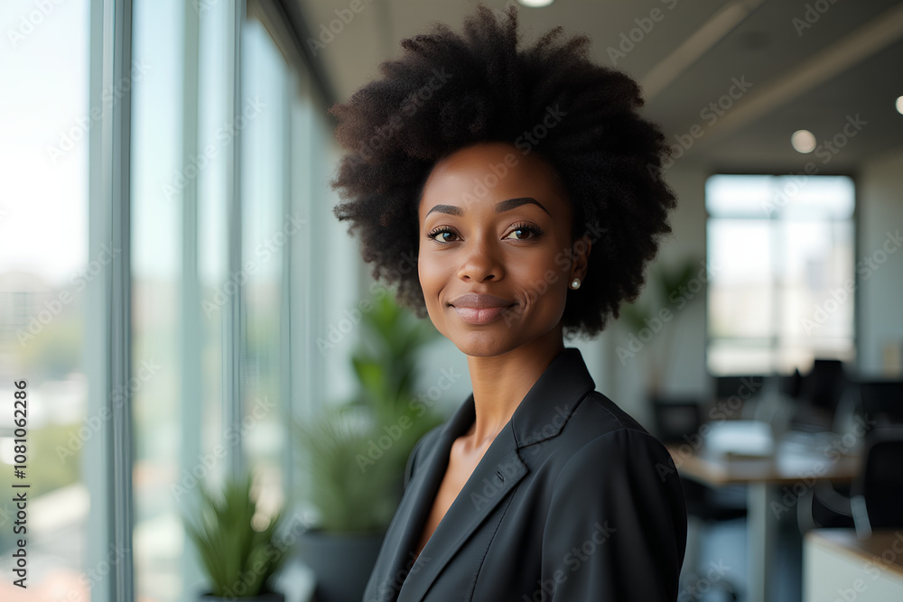 portrait of a black woman with an afro hairstyle standing by a window in an office portrait of a black woman with an afro hairstyle standing by a window in an office