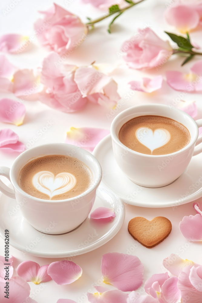 Two white coffee cups with heart-shaped latte art sit on a table surrounded by delicate pink rose petals and a heart-shaped cookie. Valentine's Day. Copy space Two white coffee cups with heart-shaped latte art sit on a table surrounded by delicate pink rose petals and a heart-shaped cookie. Valentine's Day. Copy space