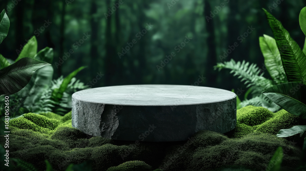 Naklejka premium Circular stone platform surrounded by lush green tropical foliage and moss, set in a dense forest environment with blurred background