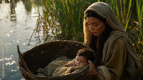 Jochebed Gently Placing Baby Moses in a Basket by the Riverbank photo