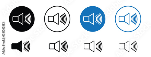 Set of 8 speaker icons with 1 unexpanded vector & 1 silhouette inside, Speaker icon symbolizing audio output sound volume & music ideal for media & communication interfaces