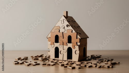 Wooden house made of puzzle pieces isolated on pastel background. Puzzle pieces arranged in a house shape. concept of mortgage. AI generated photo