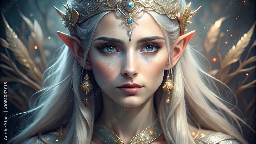 An ethereal elf queen with golden jewelry and glowing wings, symbolizing regal beauty, power, and magic in a mystical forest. An ethereal elf queen with golden jewelry and glowing wings, symbolizing regal beauty, power, and magic in a mystical forest.