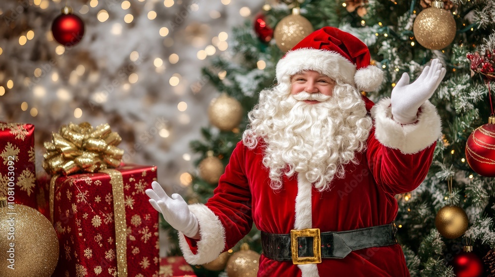 Santa Claus waves cheerfully by a twinkling Christmas tree. Santa Claus waves cheerfully by a twinkling Christmas tree.