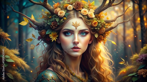 A radiant forest queen with antlers and a floral crown surrounded by glowing light, symbolizing nature’s beauty, strength, and magic.