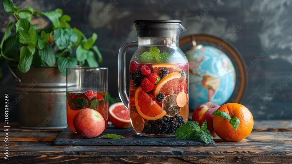 A refreshing pitcher of infused water with fresh fruit and mint, garnished with raspberries, blackberries, orange, peach and lemon slices. A refreshing pitcher of infused water with fresh fruit and mint, garnished with raspberries, blackberries, orange, peach and lemon slices.