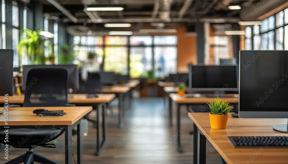 Abstract Light Bokeh In An Empty Open Office Space With Blurred Interior. Aesthetic Lighting Effects Enhancing The Office Ambiance. Abstract Light Bokeh In An Empty Open Office Space With Blurred Interior. Aesthetic Lighting Effects Enhancing The Office Ambiance.