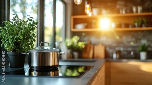 A shiny metal pot sits on an induction stove in this contemporary kitchen setting, where sunlight highlights the lush plants and wooden shelving surrounding it.