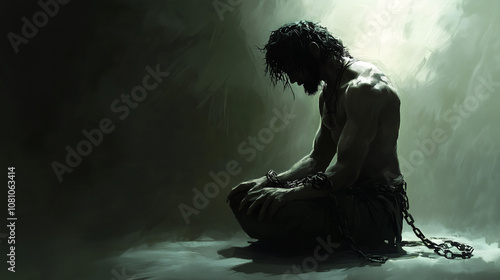 Samson Kneels in Prayer, Bound by Chains in a Dimly Lit Chamber